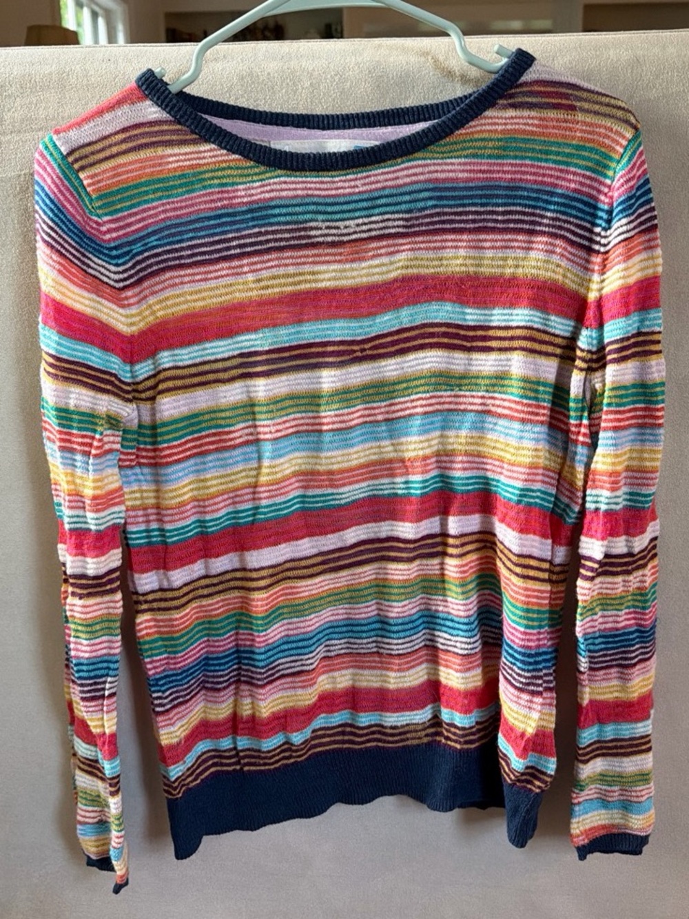 sparrow Multi-Color Striped Crewneck Sweater with Navy Trim
